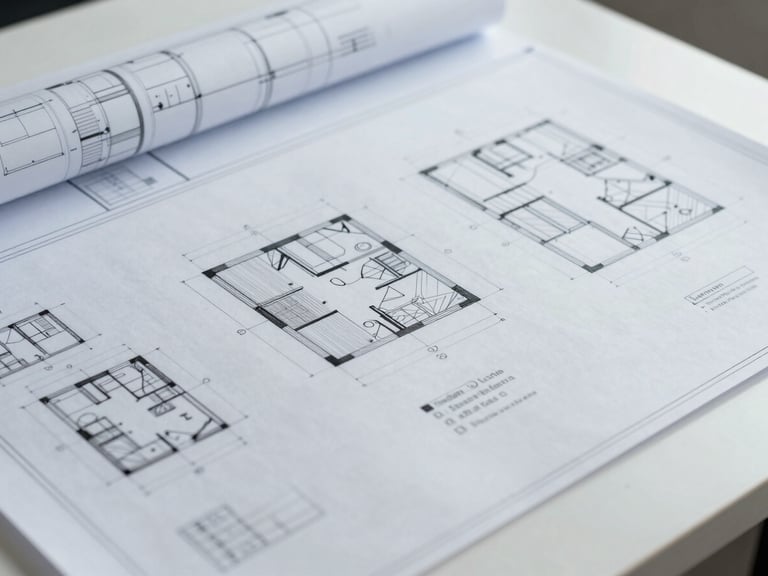 Flat-lay of detailed technical plans and blueprints on a clean desk, sharp focus, cool-toned studio light