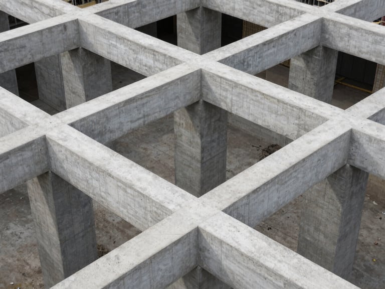 High-angle architectural photography of a modern concrete structure under construction, geometric composition