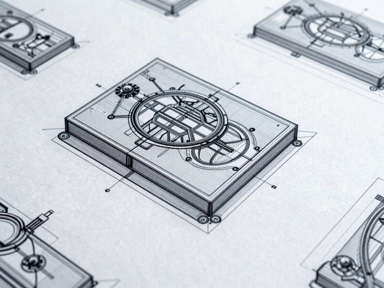 Detailed blueprint overlayed with flow diagrams, crisp studio lighting, technical composition.