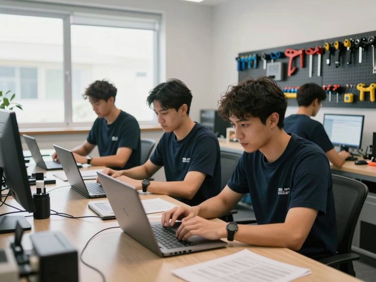 Wide shot of PCMaster workbench: three technicians in the background at organized stations with laptops open, tools mounted on pegboard wall, bright natural light from north-facing window, focused activity without posing