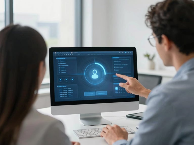 An over-the-shoulder shot of a consultant demonstrating a secure digital interface to a client in a bright Colombian office, natural daylight, cool slate tones, professional atmosphere, 35mm lens
