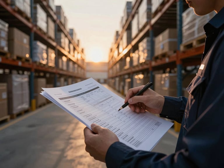 Close-up of a logistics coordinator reviewing physical shipping manifests, industrial warehouse lighting, deep navy and warm amber tones, wide-angle cinematic lens.