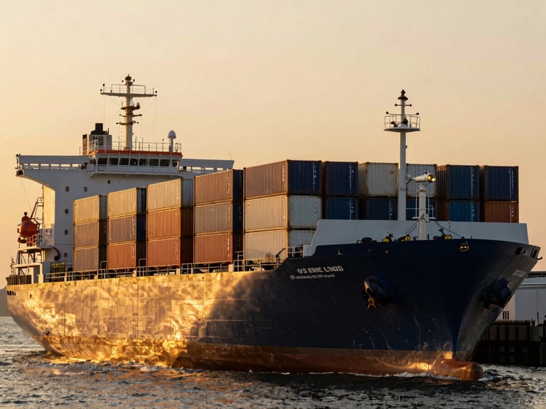 Container ship at golden hour, wide-angle cinematic lens, dramatic industrial photography, deep navy and warm amber tones.