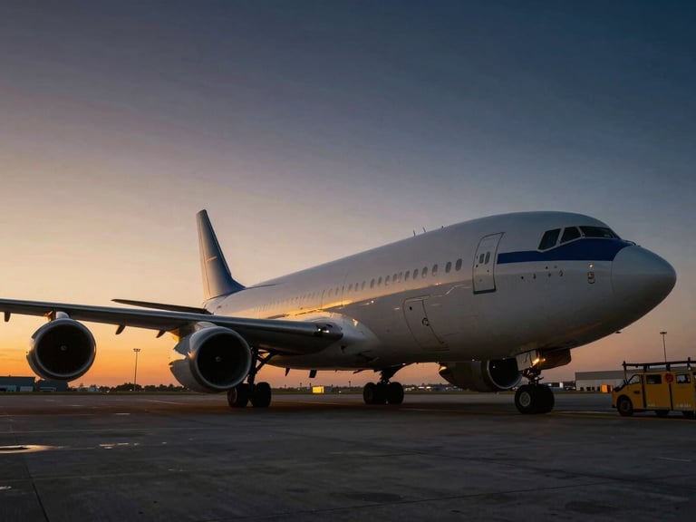 Wide shot of a cargo plane being loaded at dawn, industrial lighting, deep navy and warm amber tones, wide-angle cinematic lens.