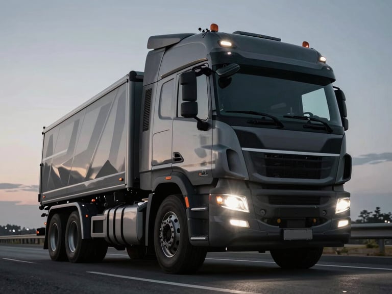Low-angle powerful shot of a modern heavy-duty truck on a clean highway at twilight, sharp headlights cutting through, cool metallic tones, high-contrast black and gray, cinematic industrial photography.