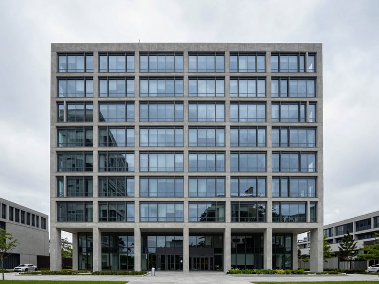 Straight-on architectural elevation of a modern concrete and glass corporate headquarters, bright overcast daylight, minimalist technical composition, generous negative space.