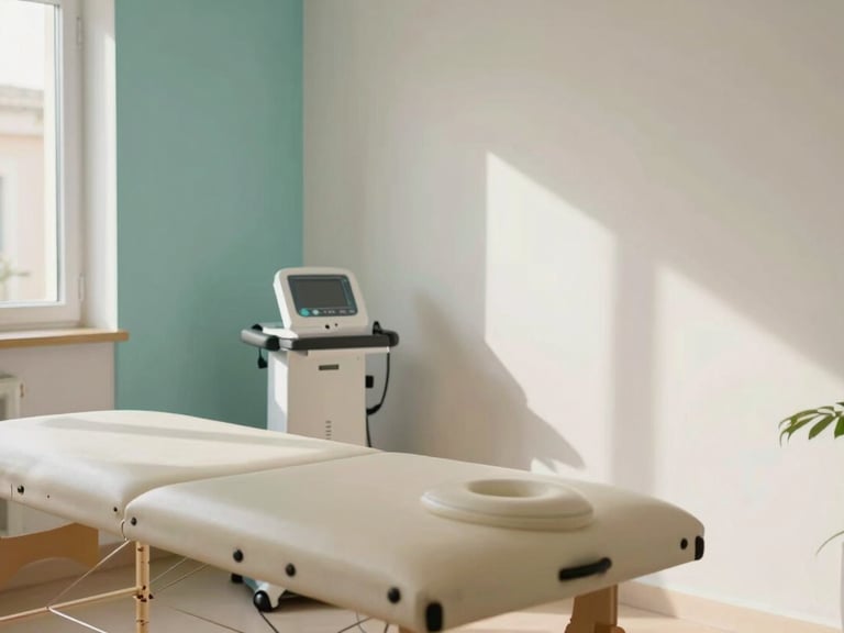 A professional and warm physiotherapy room in Mallorca with clean lines, natural light, and a Southern European aesthetic. A massage table is visible alongside modern therapy equipment in a space featuring pale aqua and off-white accents.