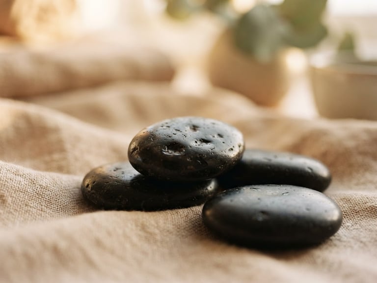 Macro shot of smooth dark basalt stones resting on soft linen, warm golden-hour window light, diffused focus, serene spa setting.