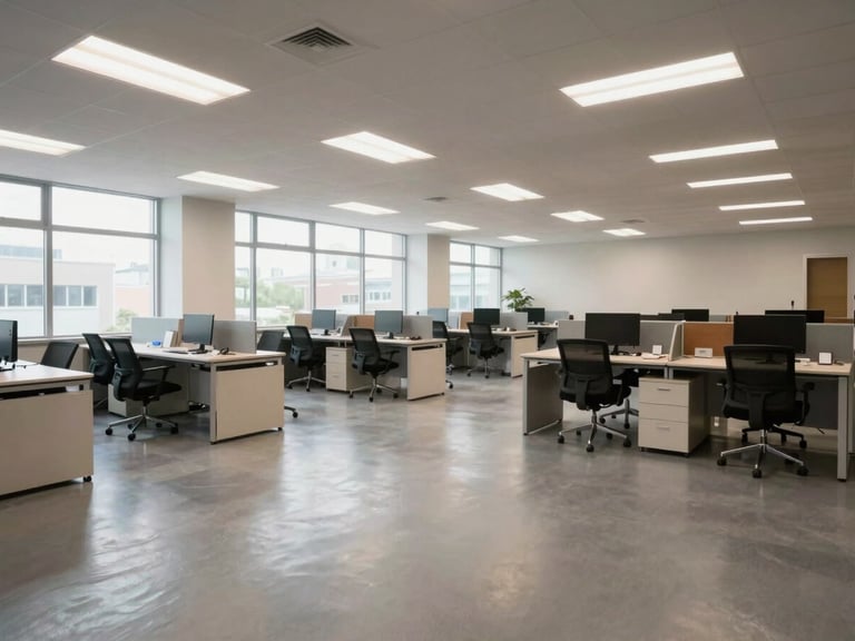 Wide environmental shot of a clean open-plan commercial office space post-service — desks cleared, hard floors polished, chairs aligned, lit by even overhead fluorescent and natural window light, no people, framing captures the full room width with generous empty foreground