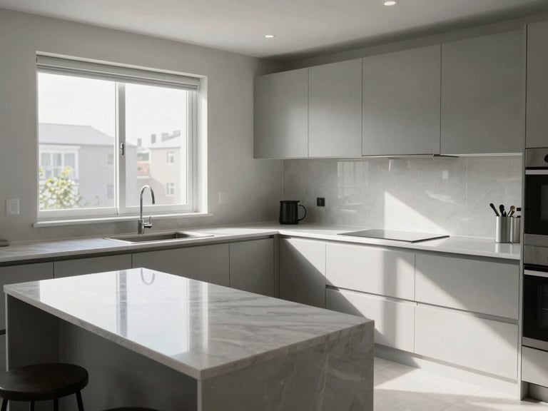 Panoramic wide shot of a spotless residential kitchen photographed post-service — countertops cleared, fixtures gleaming, even shadowless daylight from a side window, empty room with no occupants, framing emphasises the precision of the cleaned surfaces