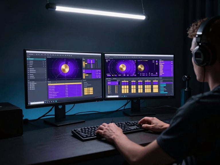 Wide panoramic view from behind a creator at a dark studio desk, dual monitors glowing with live-stream dashboards and analytics in electric purple and gold tones, camera rig visible to the right, moody low-key studio lighting with a single overhead LED strip casting a cool blue-white glow across keyboard and hands in motion, deep shadow framing the edges