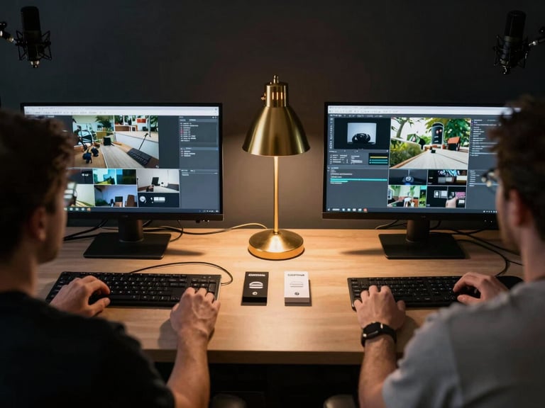 Panoramic wide frame, overhead shot of a creator collaboration session — two people reviewing footage on a monitor in a dark editing suite, golden desk lamp casting a warm pool of light across keyboards and branded product samples, dark background, cables and professional microphones visible at the edges, cinematic depth-of-field