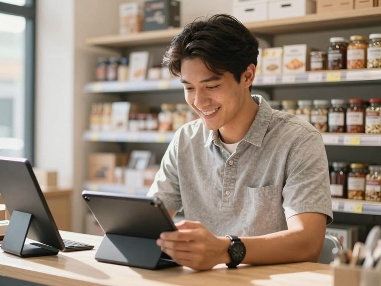 Comerciante sonriendo en su papelería mientras usa una tableta digital para procesar un pago, luz natural brillante de la tarde