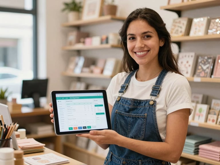 Bright commercial photography of a Colombian store owner smiling in her stationery shop, holding a tablet displaying a clean financial app dashboard, natural daylight, warm authentic tones, 35mm lens