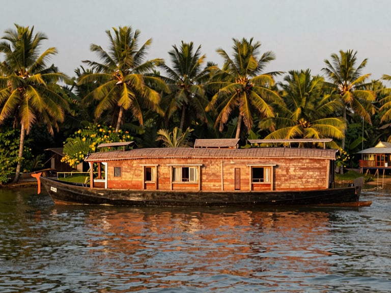 A wooden houseboat floating on calm, palm-fringed Kerala backwaters during golden hour, rich terracotta tones, documentary style