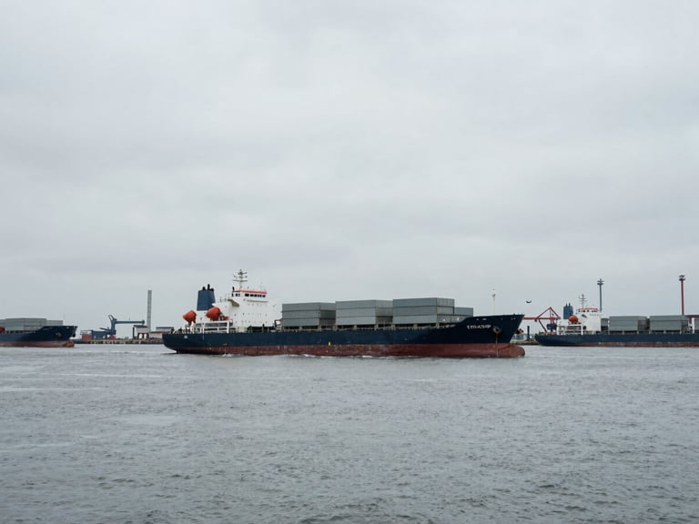 Wide panoramic shot of cargo ships anchored outside a busy industrial port, steel gray ocean under overcast sky, cool desaturated tones, 35mm.
