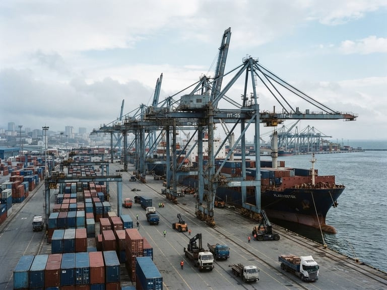 Wide environmental landscape of a deepwater container port under cool overcast daylight, massive steel gantry cranes, desaturated navy tones, 35mm.