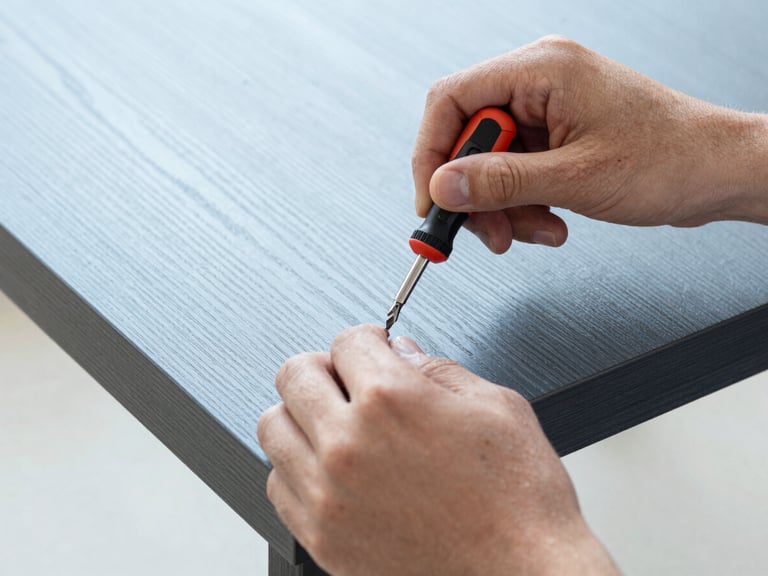 Hands of an operator using a precision screwdriver to assemble a designer wooden table, close-up, clean focus