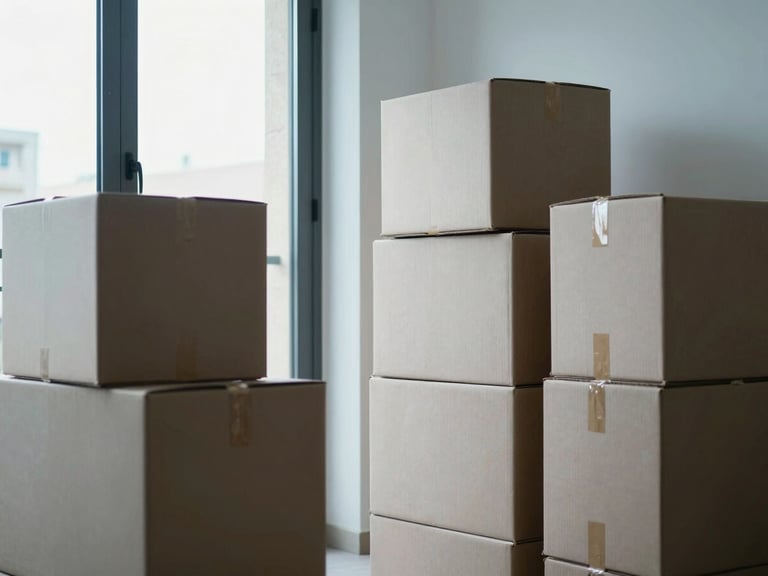 Modern apartment interior in Barcelona, clean moving boxes stacked neatly near a window, soft natural light