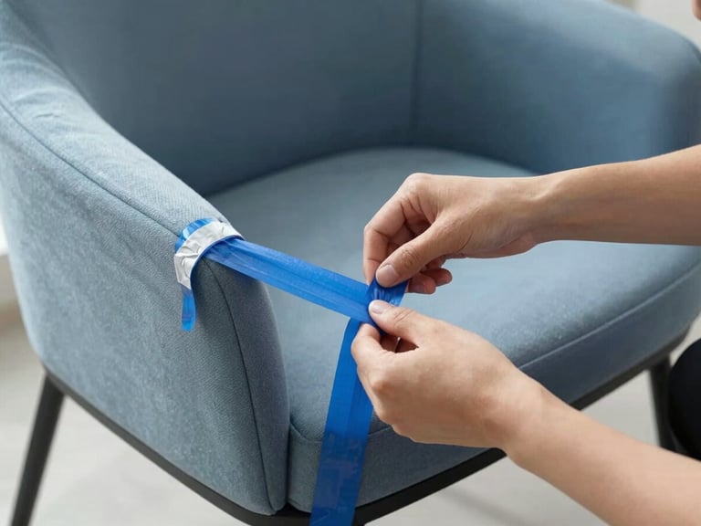 Detail shot of hands carefully wrapping a delicate modern designer chair with thick protective blankets and blue tape, clean and organized setting.