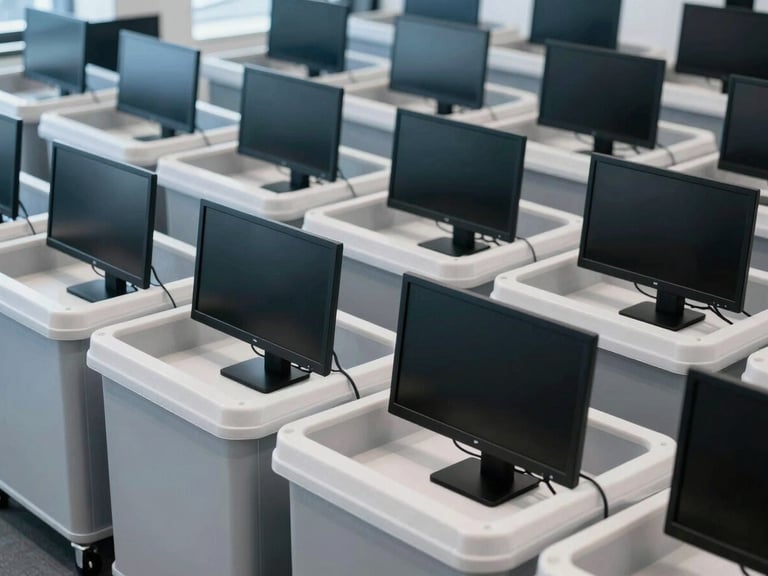 Modern office space with neatly packed computer monitors in protective crates, organized and ready for transit