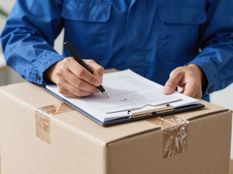 Close-up of a professional operator in a blue uniform writing on a structured inventory checklist attached to a perfectly taped cardboard box, bright natural light.