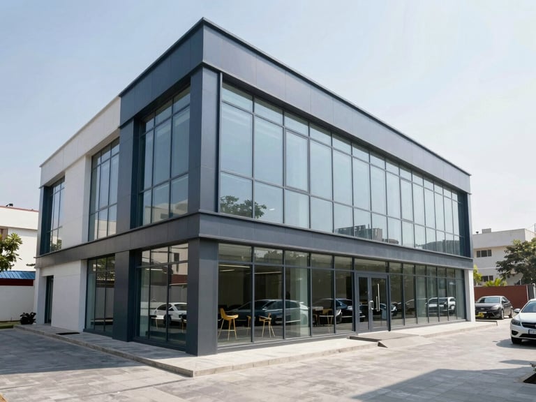 Bright modern corporate office in Gurugram, clean glass windows, professional atmosphere, daylight.