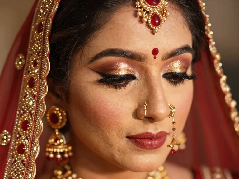 Close-up of an Indian bride's eye makeup, intricate gold and red details, soft golden-hour light, shallow depth of field.