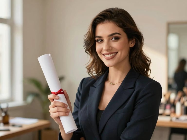 Aspiring makeup artist holding a certification scroll, smiling confidently in a professional studio setting, soft natural light.