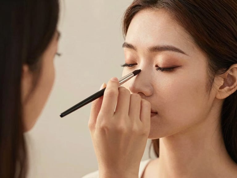 Student practicing intricate bridal eye makeup on a model, soft studio lighting, focus on hands and brush.