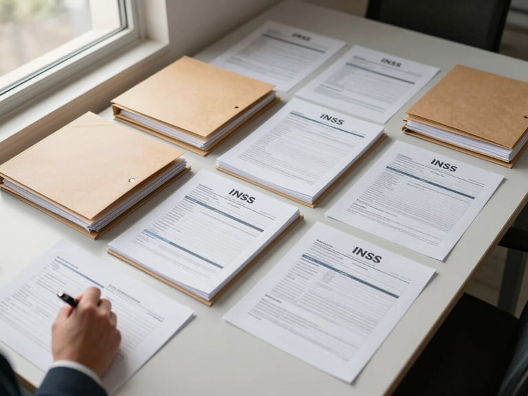 Overhead view of a clean office desk, organized folders and printed INSS forms arranged in neat rows, a hand resting on a document with a pen, soft natural daylight from a window to the left, no people visible beyond the hand