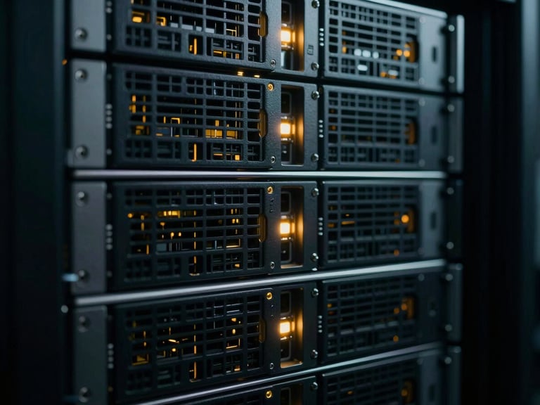 Macro detail of a server array with data flowing, low-key cool lighting, sharp technical details, deep obsidian and amber tones, 35mm