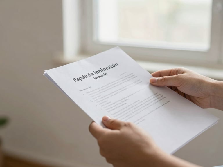 Hands organizing documents for Spanish immigration, bright window light, soft emerald tones, shallow depth of field, neutral background.