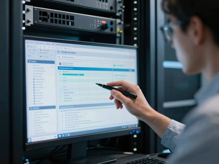 Close-up of a technical professional analyzing data screens in a structured server environment, cool daylight, deep blue undertones.