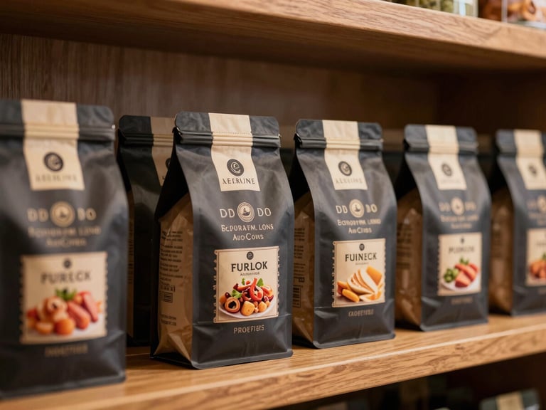 Close-up of elegant, branded food packaging on a warm wooden shelf, soft studio lighting, premium editorial food photography