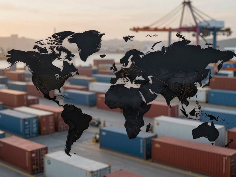 A world map with subtle gold lines indicating shipping routes, overlaid with a blurred image of cargo containers at a port, soft backlighting.