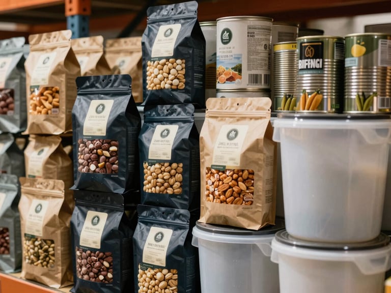 Close-up of various export-ready food packaging types (pouches, cans, bulk containers) neatly stacked in a clean, well-lit warehouse setting.