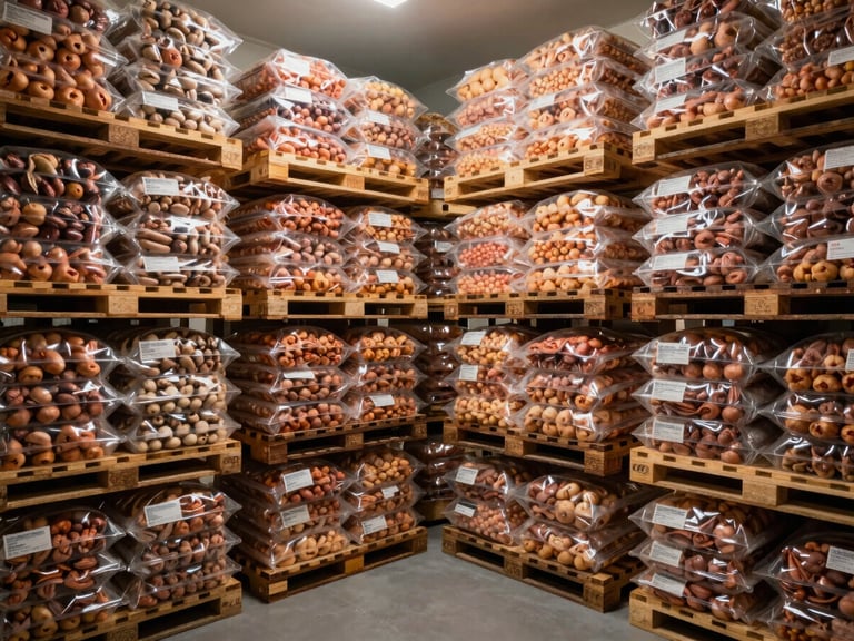 A pristine, temperature-controlled cold storage facility with neatly organized pallets of packaged food, emphasizing clean lines and efficiency.