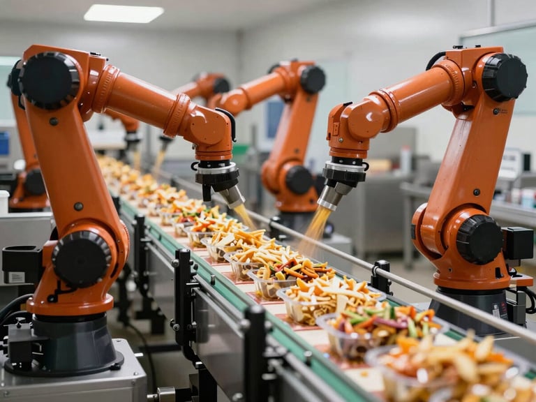 Medium shot of an automated food packaging line, showing products moving swiftly on a conveyor, precise robotic arms, sterile environment, high-key lighting.