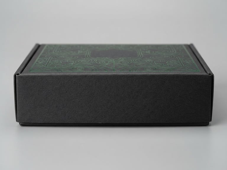 Macro shot of a pristine, empty rigid cosmetic box showing crisp edges, matte charcoal texture, and precise forest green foil stamping, soft diffused studio lighting, neutral minimalist backdrop, 85mm