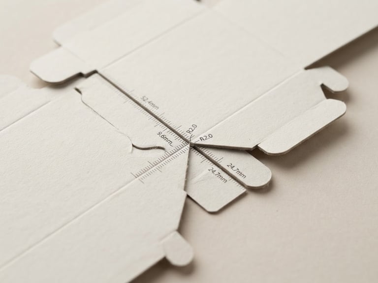 Macro close-up of unfolded rigid box template showing precise die-cut lines and caliper measurements, soft studio lighting, neutral backdrop, 85mm