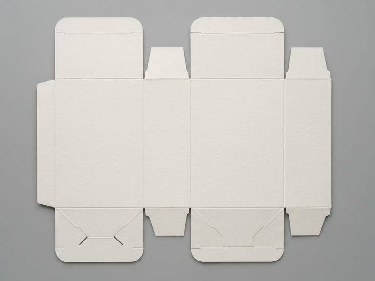 Macro studio photography of a pristine unfolded cosmetic box template, sharp technical lines, neutral gray background, soft diffused lighting, 85mm