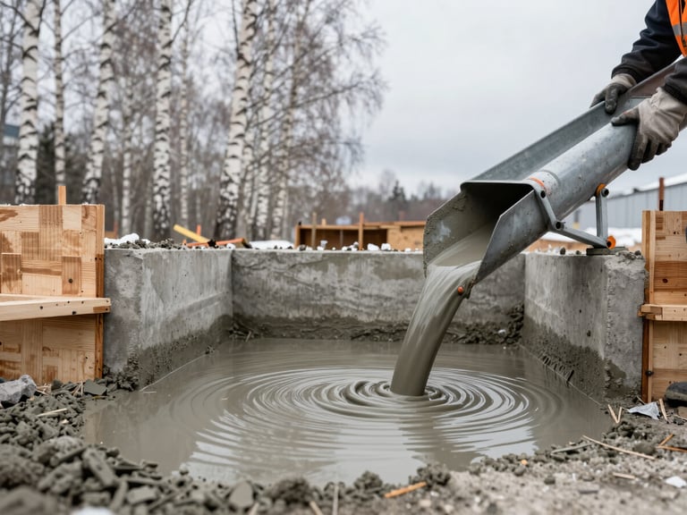 Low-angle close-up of a concrete foundation being poured at a residential site in winter, formwork boards visible on either side, liquid concrete catching flat overcast light, a worker's gloved hands steadying a chute at the right edge, Novosibirsk birch trees in the blurred background