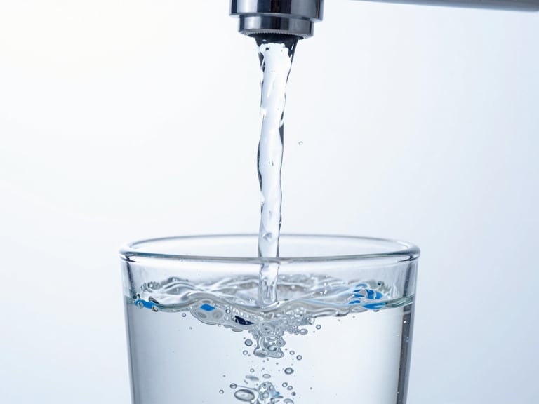Close-up of clear water flowing from a modern faucet into a glass, with subtle blue refractions, bright high-key studio light, minimalist blue and white tones, 50mm.