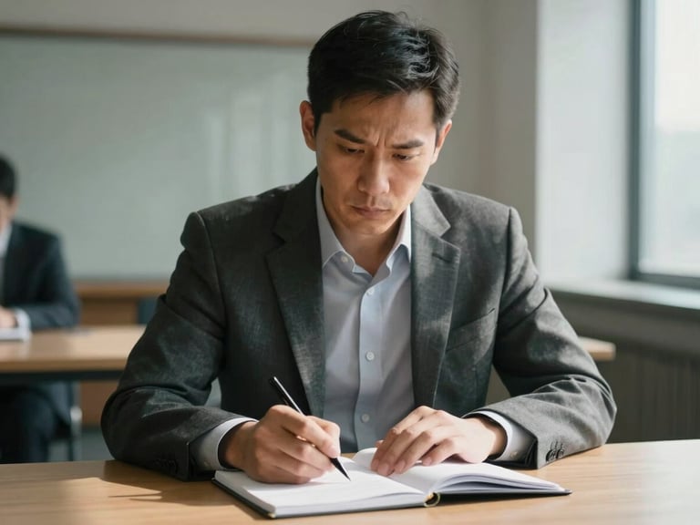 Tight crop of a single professional at a conference table, hands resting on an open notebook, intense focused expression, available window light from the right side casting natural shadow across the face, background blurred boardroom context, no smile, documentary framing