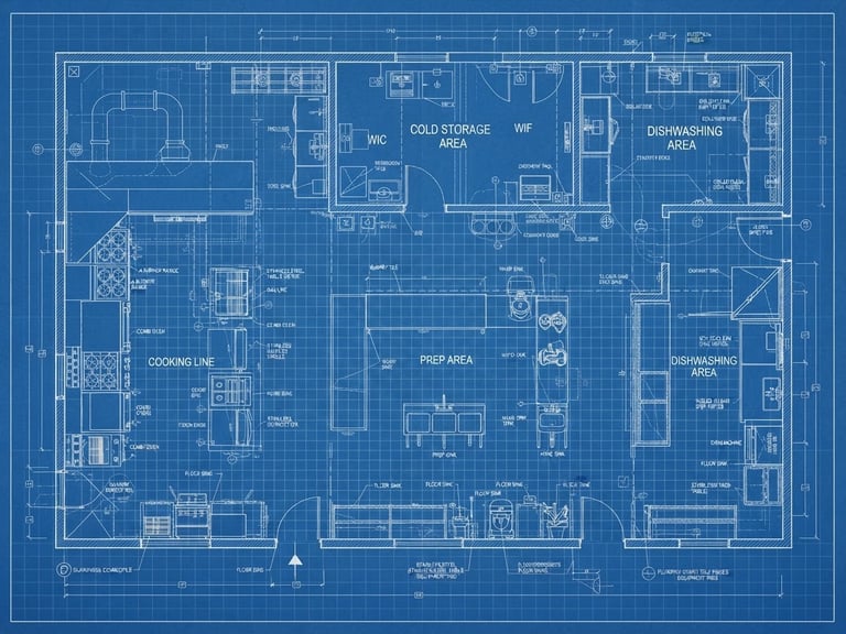 Overhead view of a highly detailed commercial kitchen CAD blueprint, sharp lines, blue drafting grid, technical accuracy, 35mm