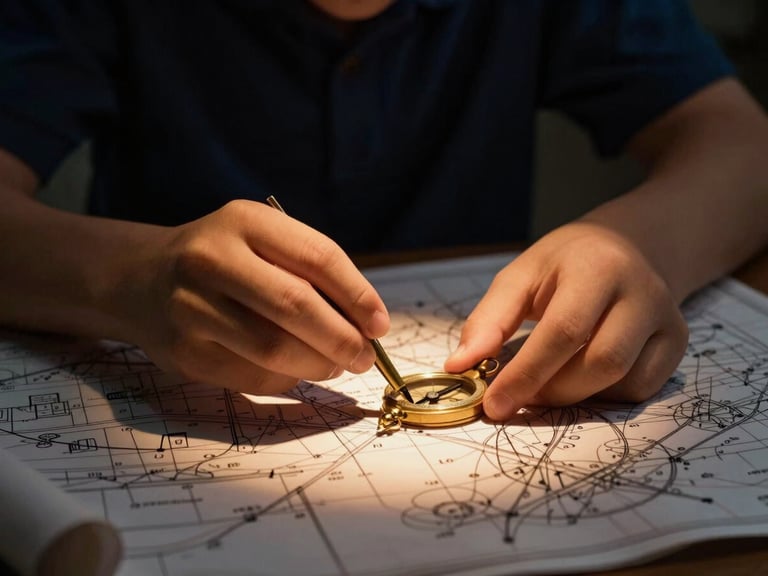 A close-up of a child's hands carefully aligning a brass compass over a detailed blueprint map, dramatic low-key lighting with a warm amber spotlight glow, cinematic 50mm lens
