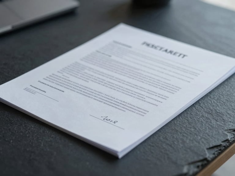 Tight abstract close-up of signed financial legal contracts on a dark slate desk, cool overcast daylight, low saturation.