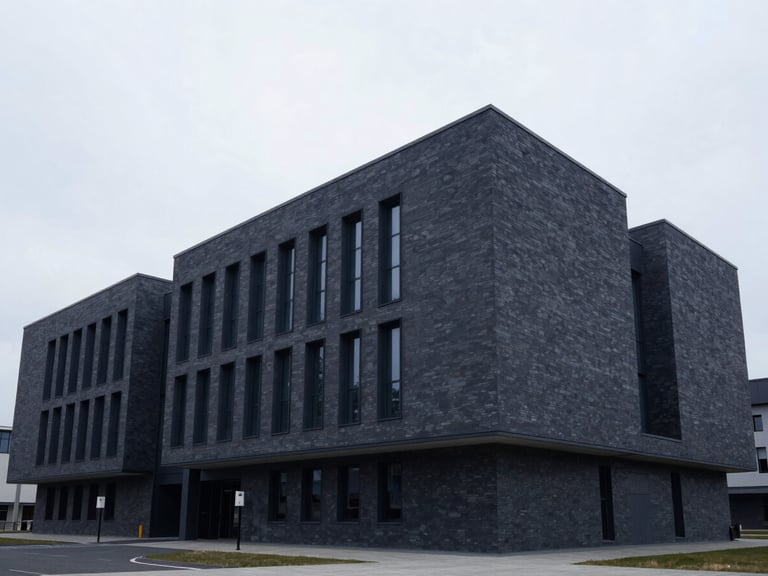 Wide angle architectural photograph of a modern court building exterior, cool overcast daylight, desaturated navy tones, sharp focus.