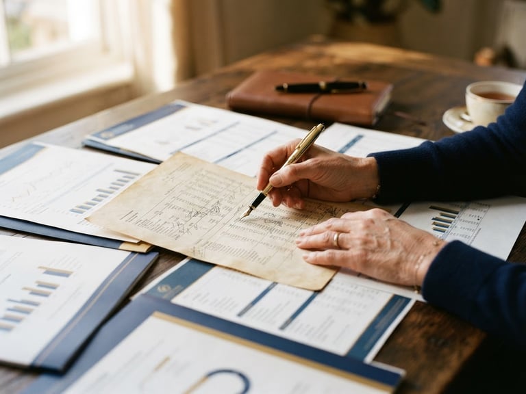 Close-up of hands reviewing physical financial documents on a dark oak table, warm natural window light, elegant shadows, shallow depth of field, 35mm